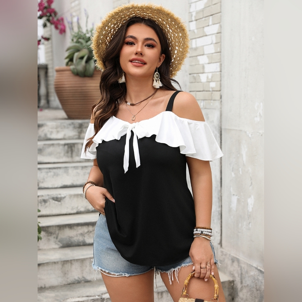 Black and White Off The Shoulder Ruffled Tie Front Sleeveless Blouse. Plus Size